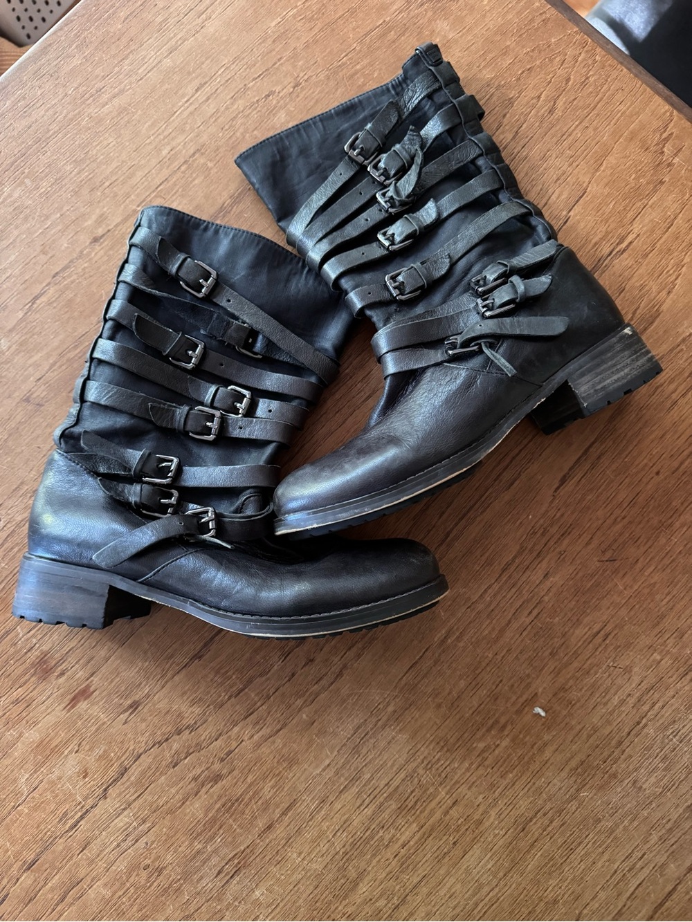 RUDSAK Black Leather decorative Multi-Buckle Slouchy Moto Boots Size 39